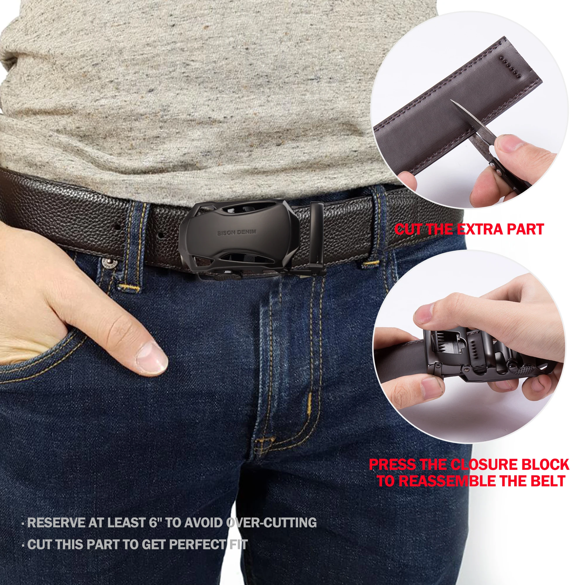 BISON DENIM Automatic Buckle Men\'s Belt Luxury Brand Cow Leather Belts Fashion Black Genuine Leather Straps for Men 3.4cm Width