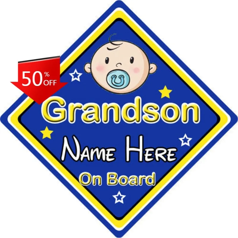 

Baby On Board Car Sign ~ Grandson On Board ~ Blue - Personalised Bumper Bodywork Cover Scratches Exterior Deco