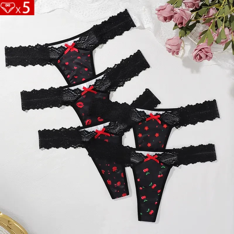 5 unidades/pacote impressão sexy rendas mulheres tangas arco elegante lingerie sexy respirável confortável roupa interior feminina moda estilo calcinha