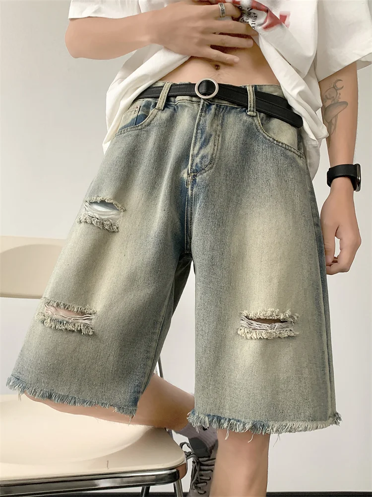 

Aged Yellow Clay Color Men's orts Summer Loose Cuffed American High Street Casual Retro Five-Point Mid-Pants Jeans