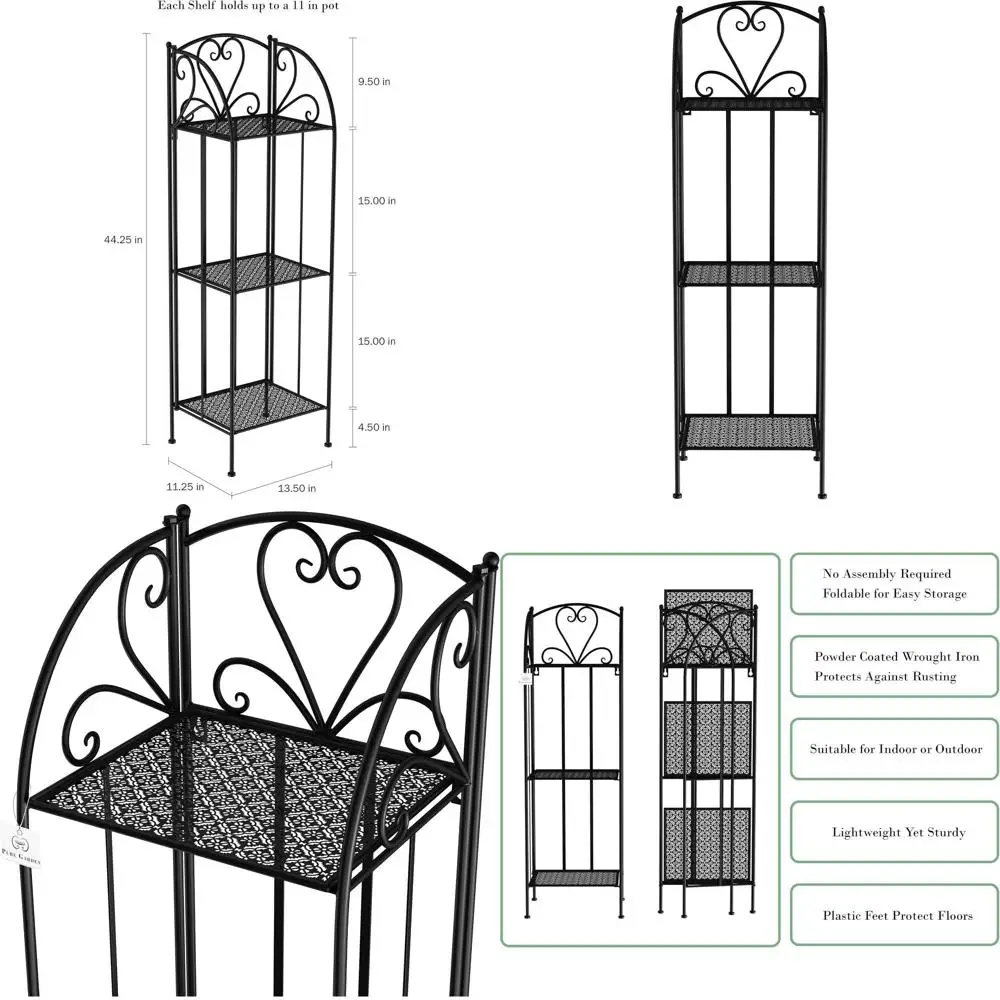 

Vintage 2-Tier Wrought Iron Plant Stand for Indoor and Outdoor Use, Suitable for Garden, Patio, Deck, Home, and Lawn in Black