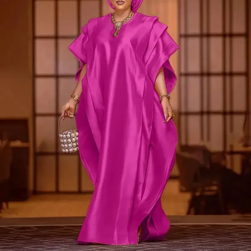 Oversize elegante maxi vestido feminino manga curta babados cetim seda festa vestido de verão 2025 casual solto cor sólida vestidos