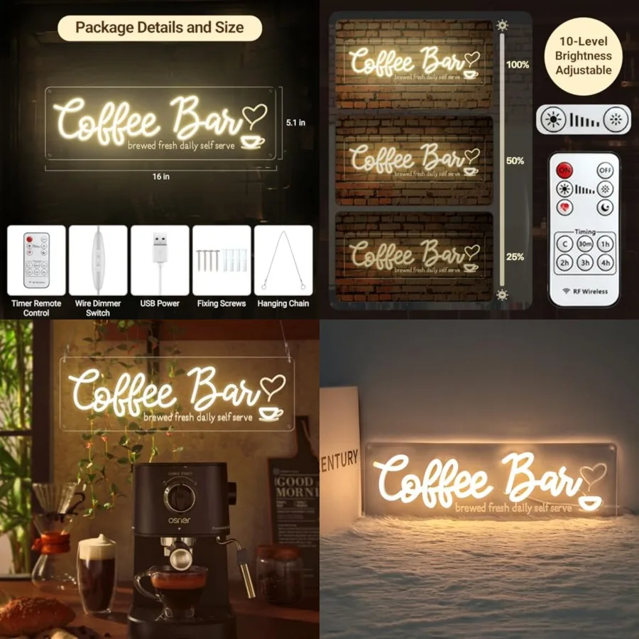 

Coffee Bar Neon Sign with Timer Remote Dimmer, LED Coffee Light for Cafe Shop Station Home Kitchen Bar Cart Event Area Party Gi