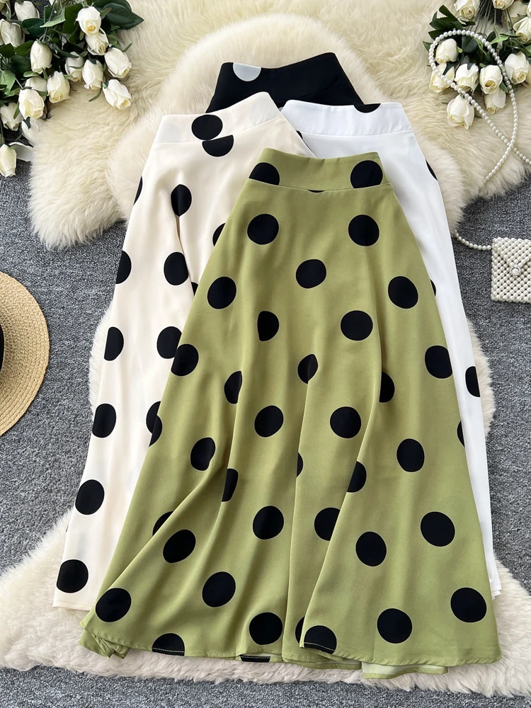 Women's Print Skirt Korean Style Polka Dot Simple and Versatile High Waist A-line Mid-length Large-flare Female Faldas SK109