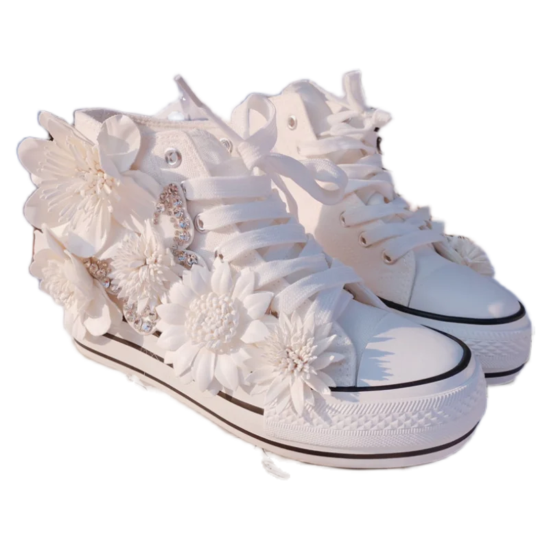 Creative flower diamond wedding party canvas shoes handmade custom white high top breathable casual sports women\'s shoes 35-40
