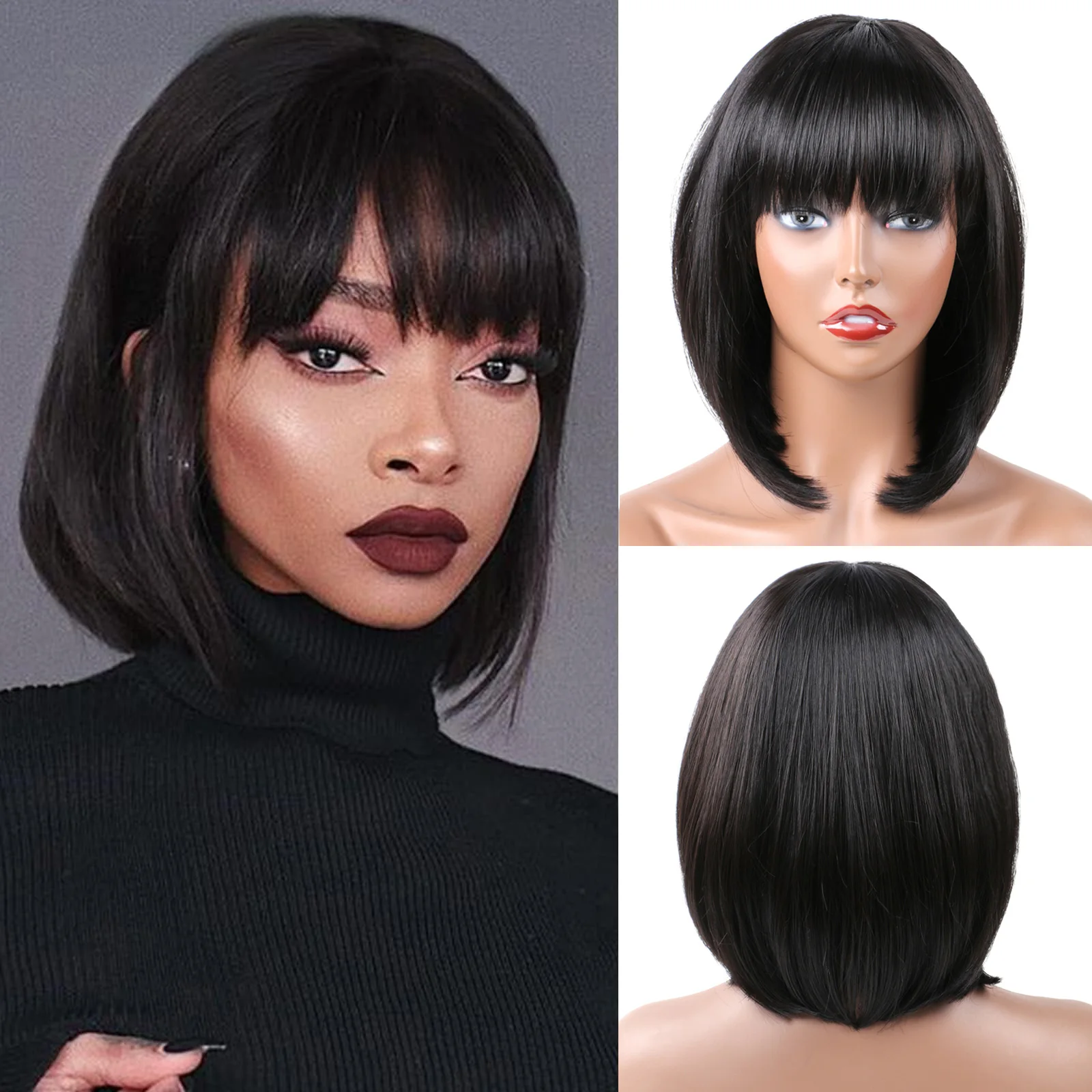 

Черный короткий парик Боб Прямой черный парик Боб с челкой 10-дюймовый прямой парик Боб с челкой для женщин Натуральный вид для ежедневного использования