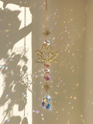 Golden Lotus Sun Catcher Stained Glass Teardrop Crystal Suncatcher Rainbow Maker Light Catcher Wind Chimes for Garden Decoration