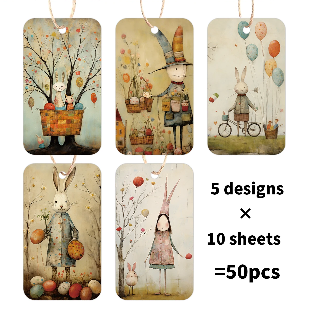 50 Stück Cartoon-Ostern-Hängeetiketten mit Seil, weißes Hasen-Design, Osterkorb-Geschenke, Verpackungsetiketten, Andenkenkarten, Party-Dekoration