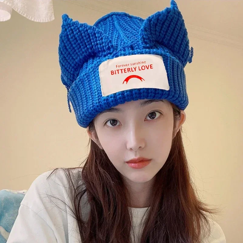 Funny Cat Ear Knitted Wool Hats Women Hip-hop Design Kpop Hooded Caps Gothic Kawaii Handmade Beanie Personality Bonnet Hat