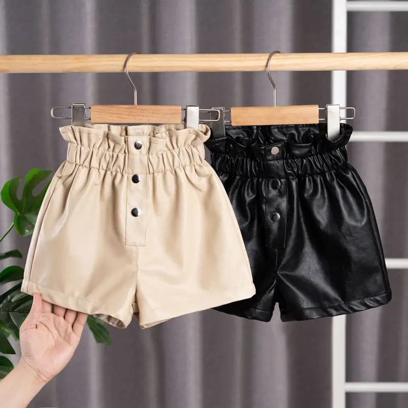 

4 To 14 Years High Quality Girls Clothing 2023 New Autumn Casual Fashion Kids Children Short Solid Girls Leather Pants Z123