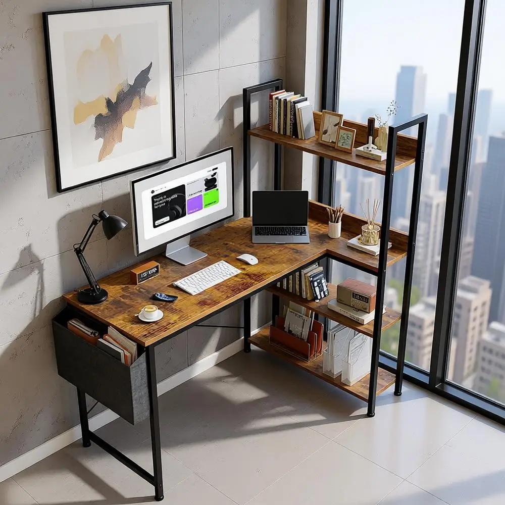 

47 L-Shaped Desk with Storage, Reversible Wood Gaming Desk for Small Spaces, Adjustable for 2 Monitors, Brown