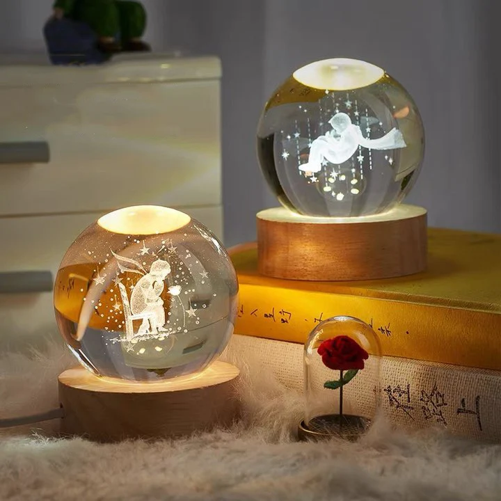 6/8cm Solar System Crystal Ball Decoration Creative Table LED Night Light Crystal Ball with Stand Globe Home Decor Birthday Gift