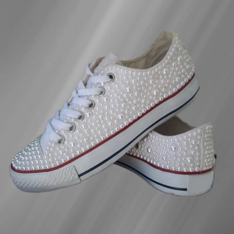 Low-top white ribbon canvas shoes with pearl rhinestones comfortable walking handmade rhinestone vulcanized shoes 35-46