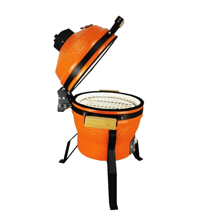 13 Inch Orange Stone Pattern Kamado Ceramic Charcoal Grill Tabletop BBQ Smoker with Bamboo Handles for Outdoor Patio Camping