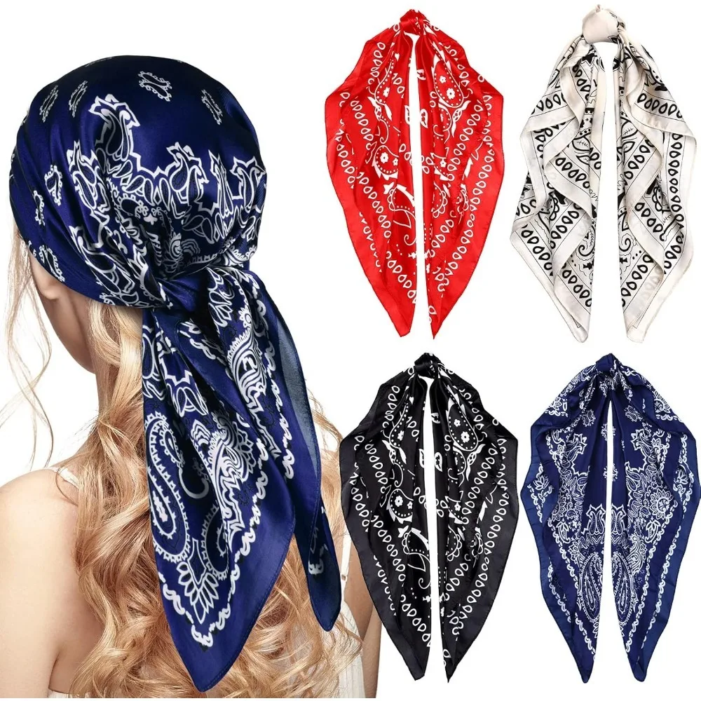

4 Pcs 27'' Square Satin Head Scarves Satin Bandanas for Women Halloween Headband Silk Feeling Scarves Boho Headwear