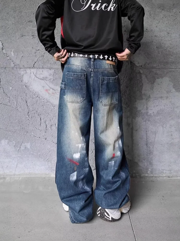 2025 American Retro Y2K Fashion Washed Blue Graffiti Printed Baggy Jeans Pants For Men Clothing Straight Loose Denim Trousers