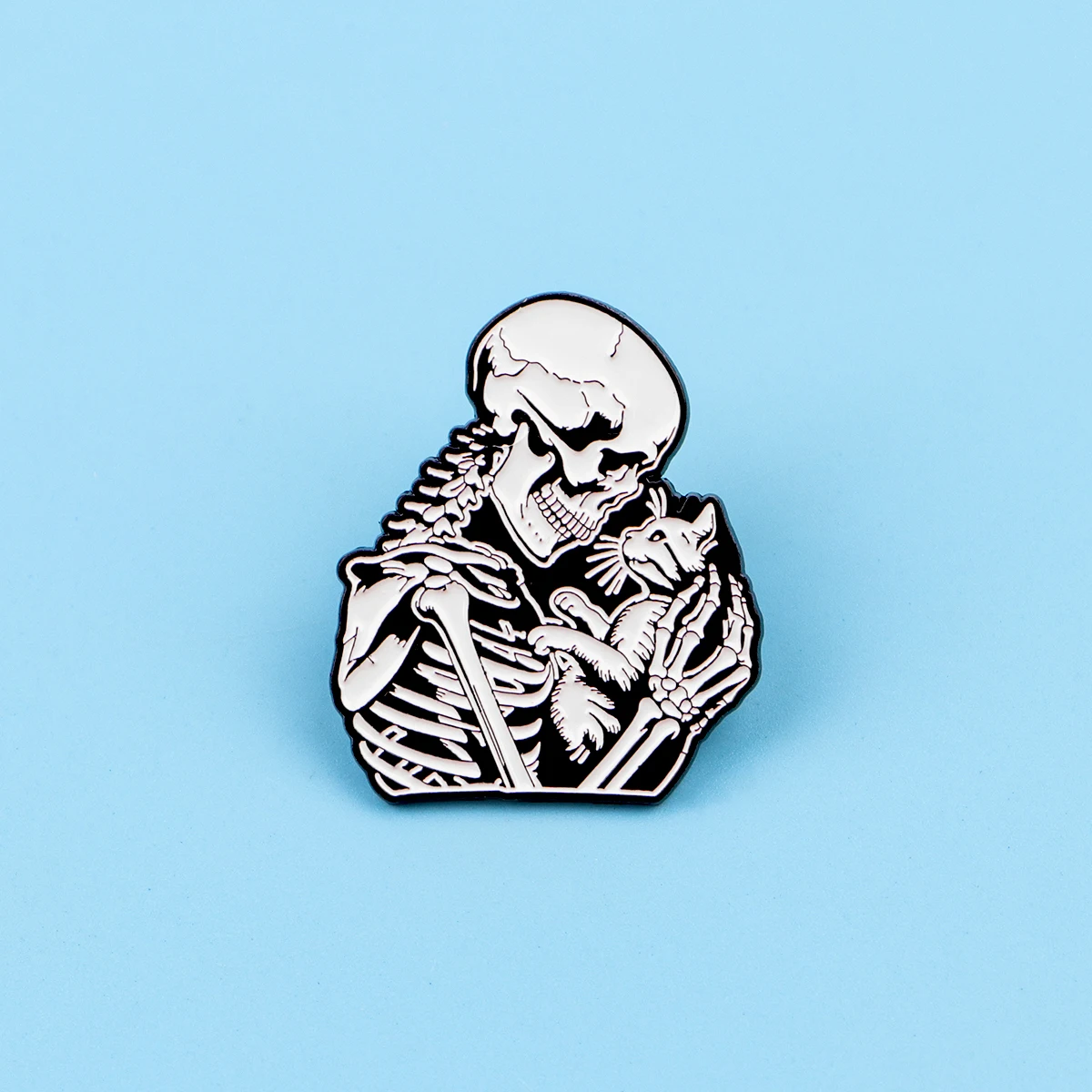 Gothic Skeleton Cuddling Cat Enamel Lapel Pin Black White Skull Brooch Daily Clothes Backpack Decor Badge