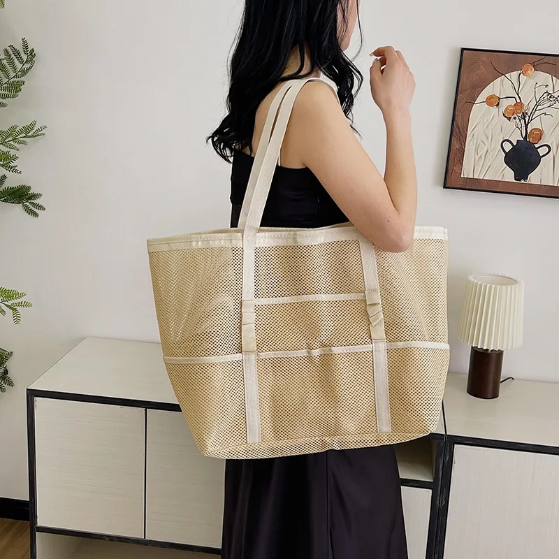 Foldable Lightweight Beach Bags Large Capacity Grocery Produce Tote Bag Beach Shoulder Bag Women's Casual Shopping Bags image 4
