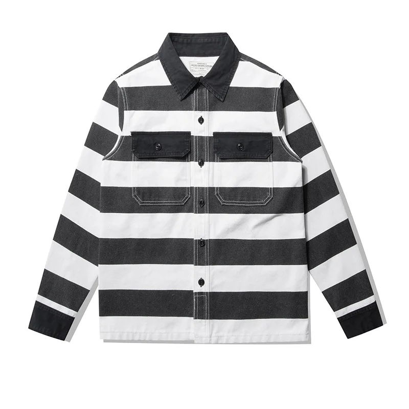 OKONKWO 16oz Heavyweight Prisoner Striped Jacket Thick Canvas Motorcycle Coat Outdoor Trekking Camping Hunting AMIKAJI Shirt