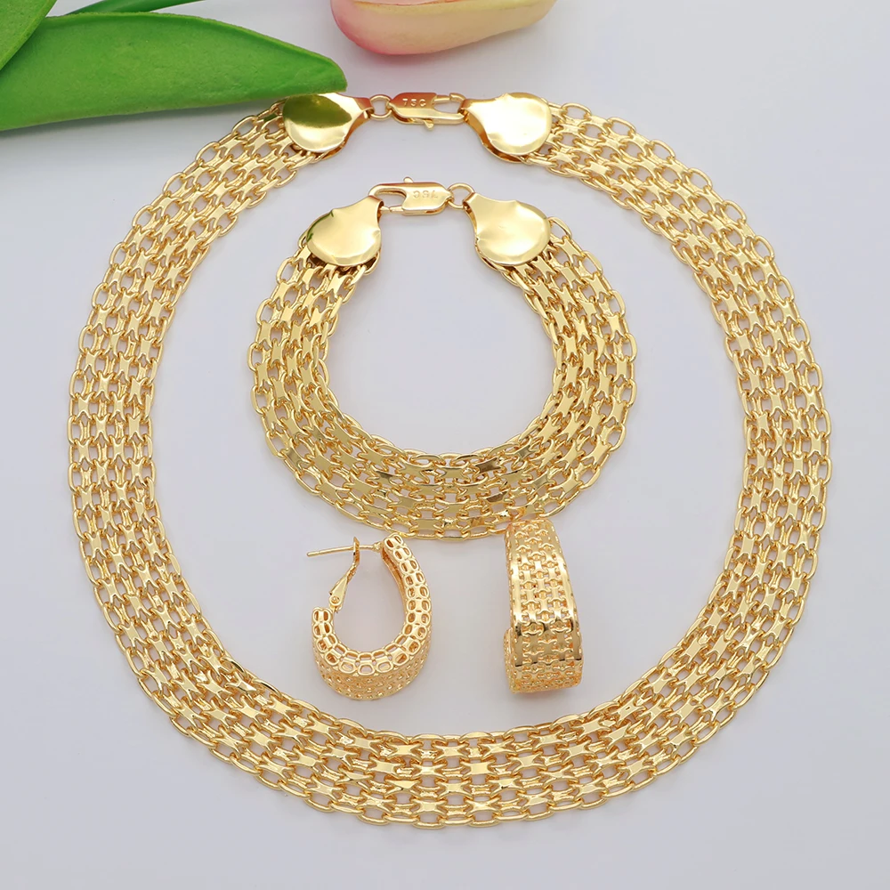 Luxury Handmade Women Elegant Jewelry Set Tricolor Gold-Plated Chain Necklace Bracelet Stud Earring Full Set Party Wedding Gift