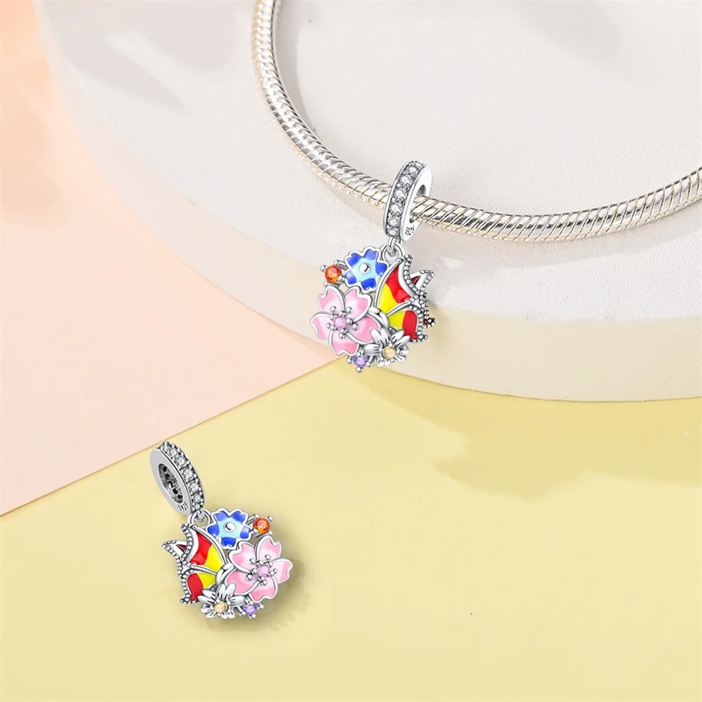 Romantic 925 Sterling Silver Beautiful Flowers Tulip Sunflower Lily Bouquet Charm Pendant Fit Brand Bracelet Couple Dating Gifts