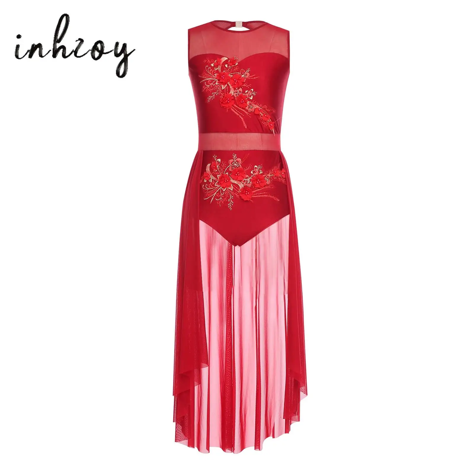 

Womens Round Neck Sleeveless Applique Flower Embroidery Cutout Back Lyrical Dance Costume Contemporary Flowing Dress Dancewear