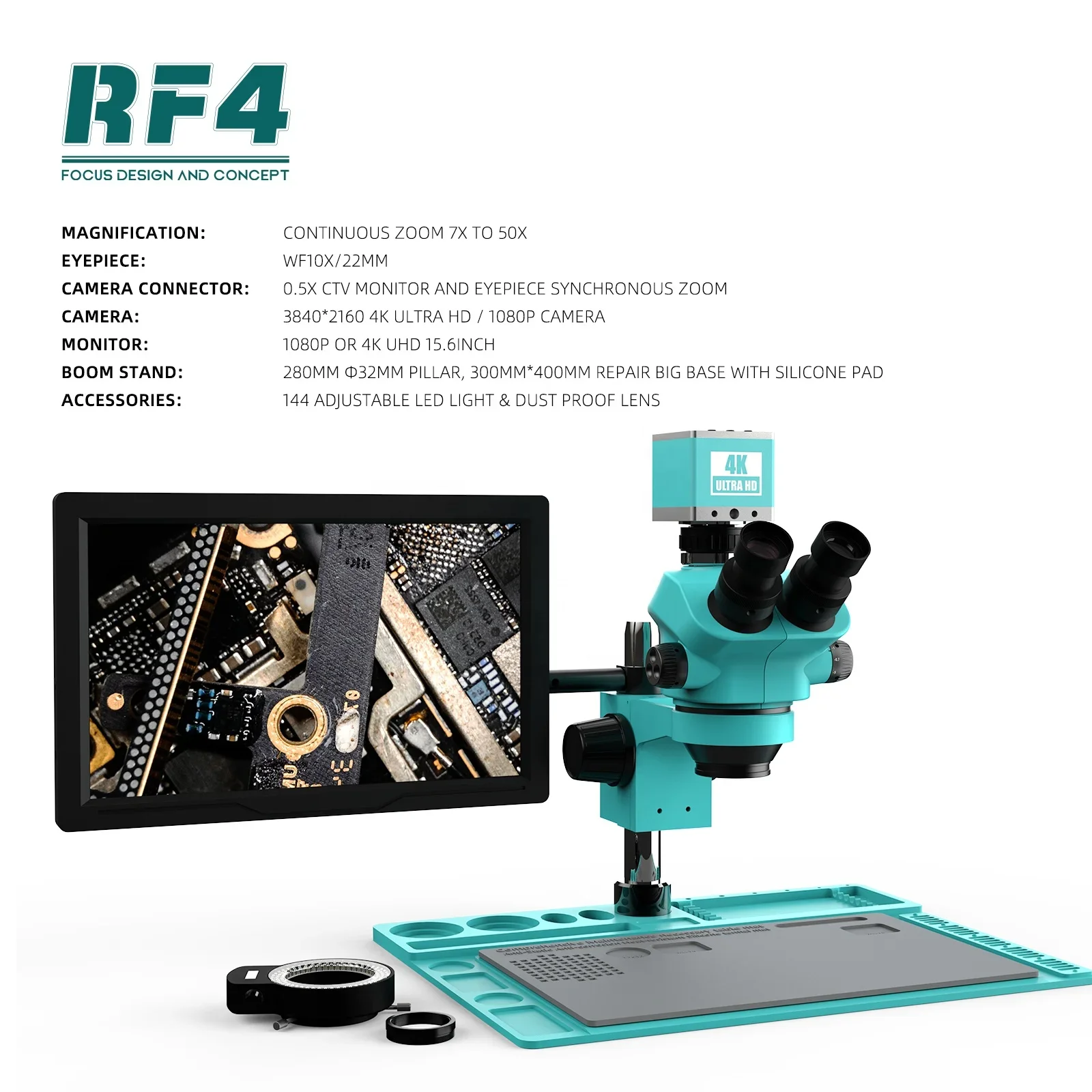 

RF4 7-50X Trinocular Stereo 4K HDMI USB Camera 15.6 Inch Monitor Electronic Repair/Lab/ Jewelry Microscope RF7050TVD2-M156