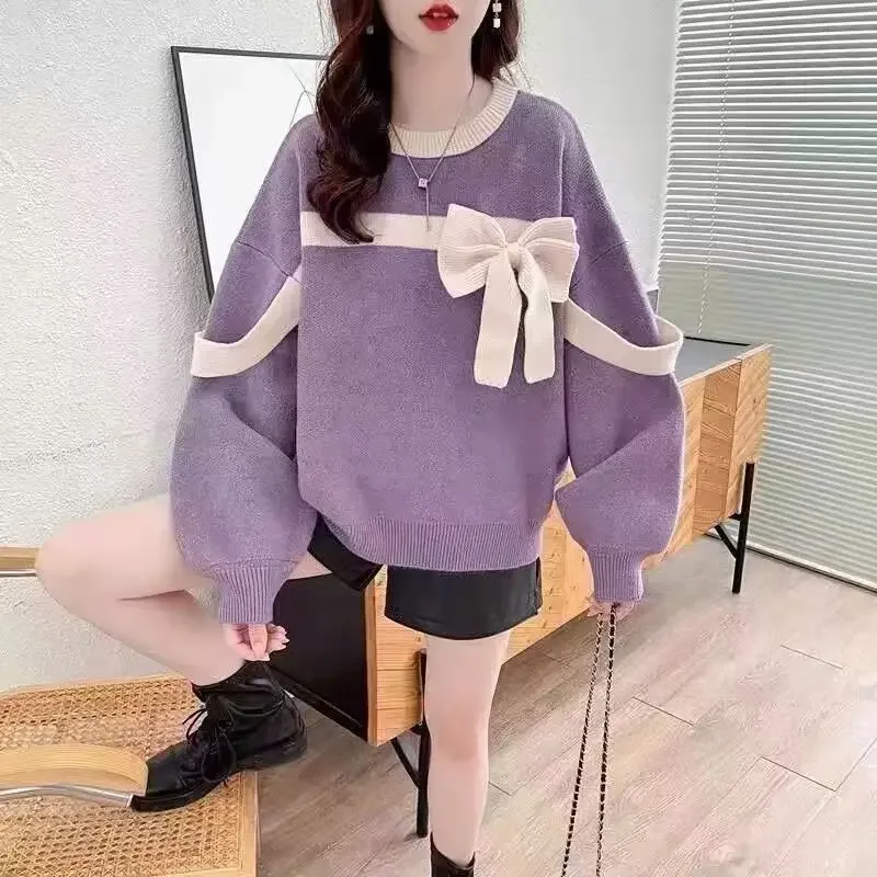 Loose Red Bow Sweater for Women Autumn and Winter, Soft and Cozy Pullover with Trendy Style, Christmas Fleece Design Sweater