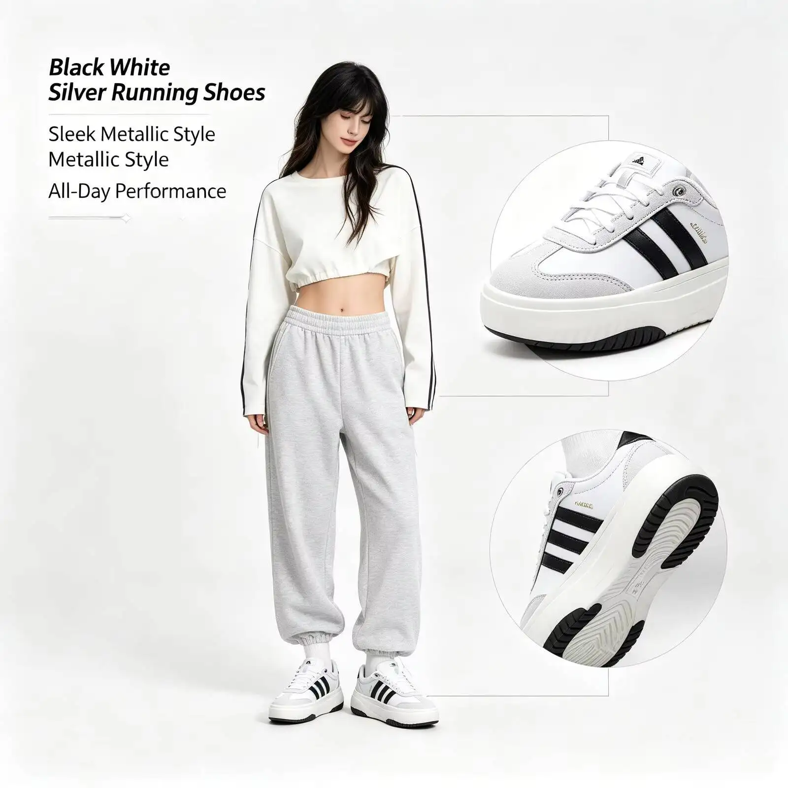 Adidas 2026 Ladies Black White Silver Running Shoes for Men Sleek Thick Sole Lightweight Breathable Urban Sport Sneakers KH6913