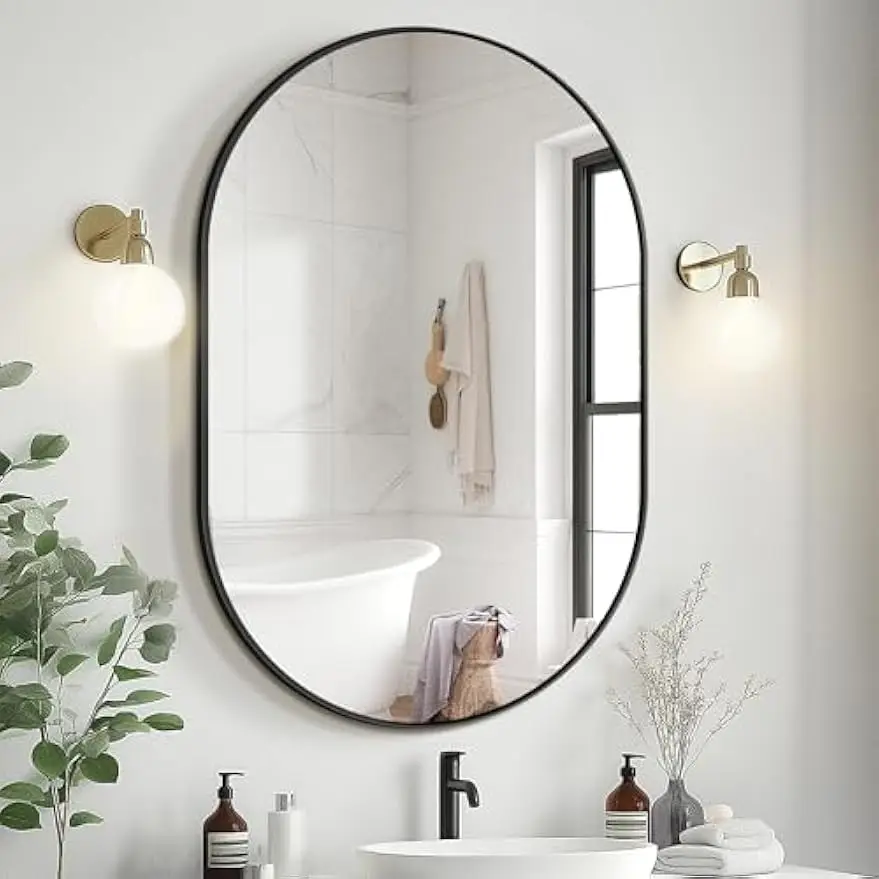 

Черное овальное настенное зеркало 36x24 дюймов, металлический каркас для декора прихожей в ванной комнате, спальне