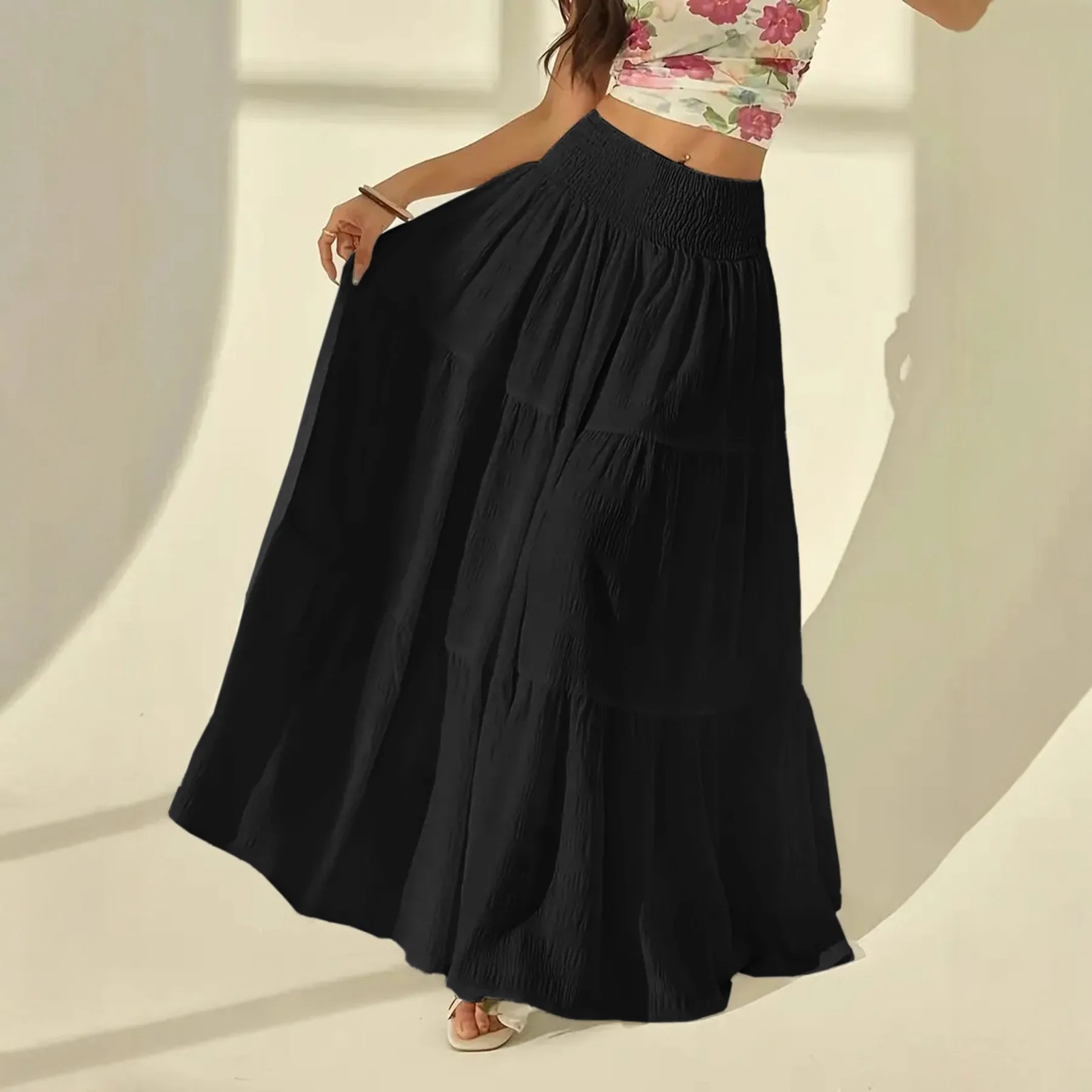 Women's Tiered Maxi Skirt White Black High Waist Smocked Elastic Waist Pleated Flowy A Line Summer Vacation Casual Long Skirt