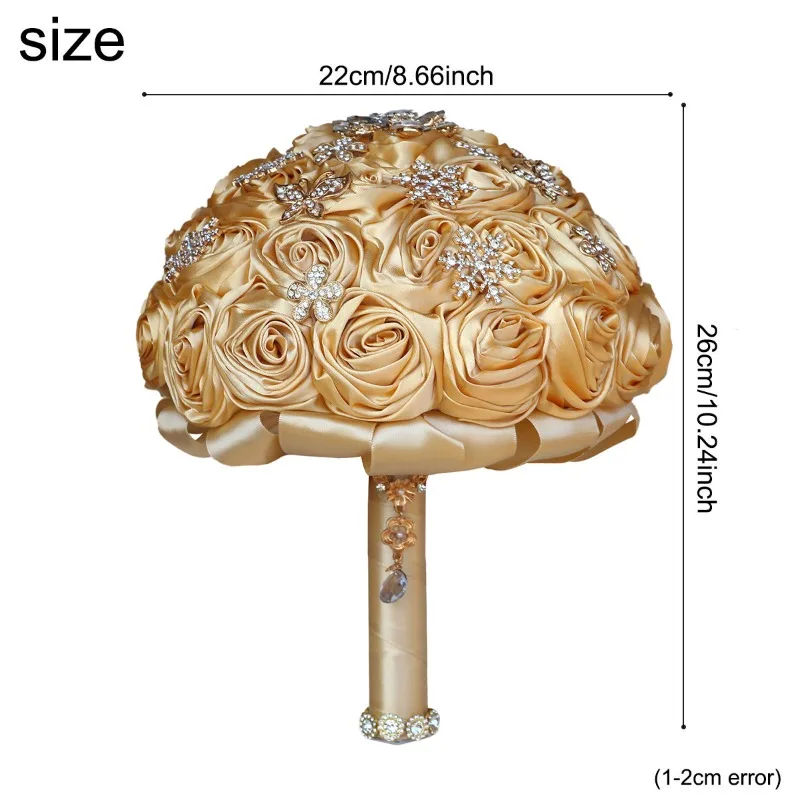 

Cross-border Wholesale Supply Camel Yellow Gold Rhinestone Bride Satin Simulation Rose Bouquet Wedding Supplies W805D