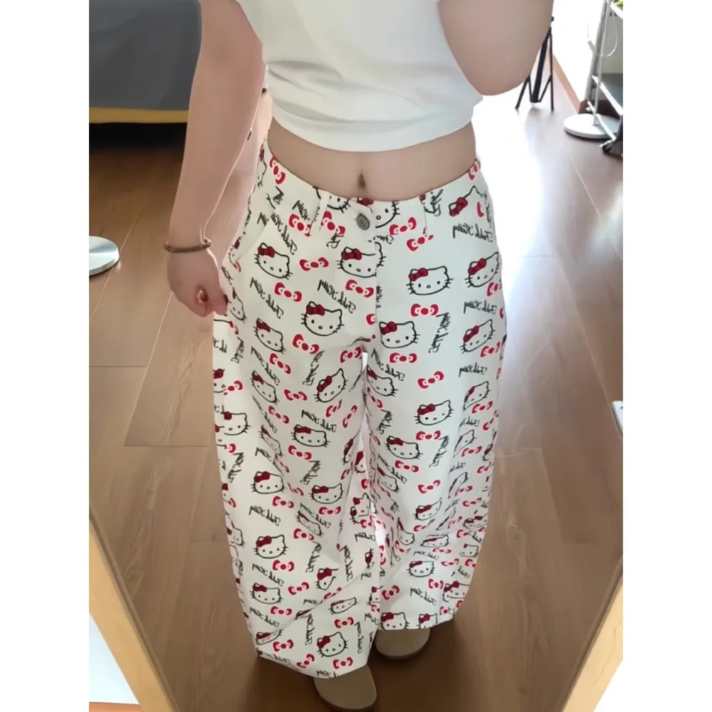 كارتون لطيف طقم أبيض طباعة واسعة الساق عالية الخصر الجينز النساء تصميم فضفاض مستقيم قطع بنطلون القطن تمتد الدنيم