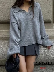 KONDALA Chic Solid Grey Long Flare Sleeve Women Sweater Fashion 2023 Winter Town-down Collar Oversized Pullover Vintage Knitwear