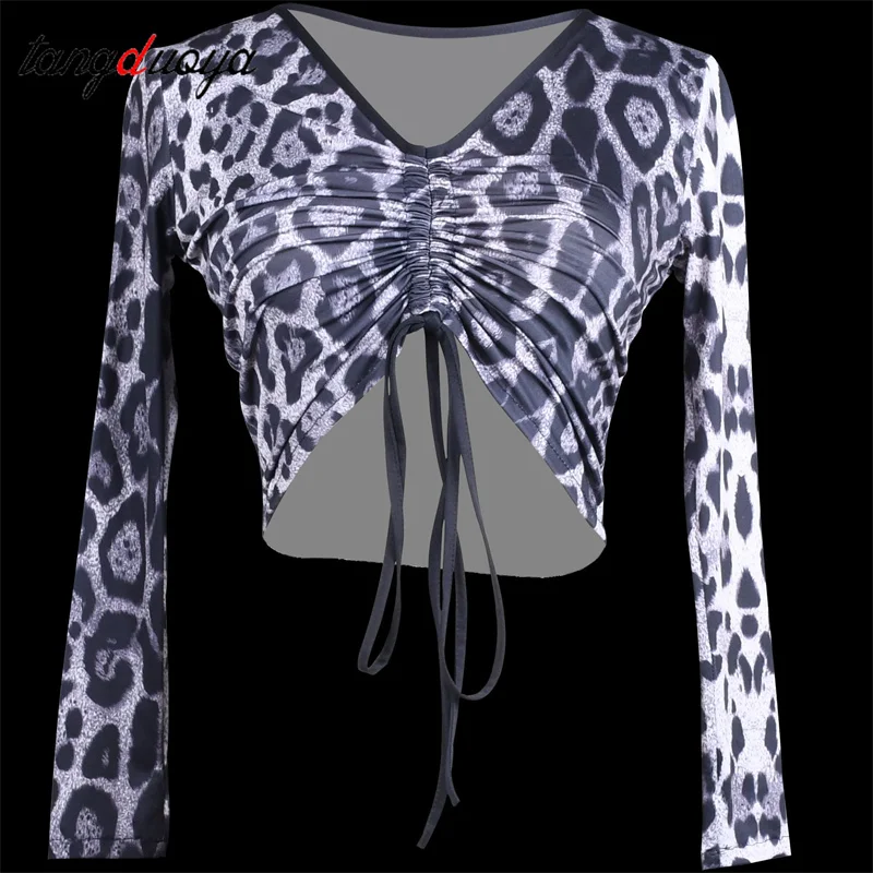 

Новые леопардовые топы для латинских танцев для взрослых, женский укороченный топ, плиссированный современный одяг с длинными рукавами для бальных танцев, чача, самбы, танго, тренировочная одежда