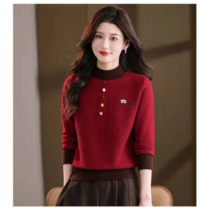 Elegant Women Autumn Winter Color Block Half Turtleneck Knit Sweater Button Decor Loose Warm Pullover Daily Inner Wear