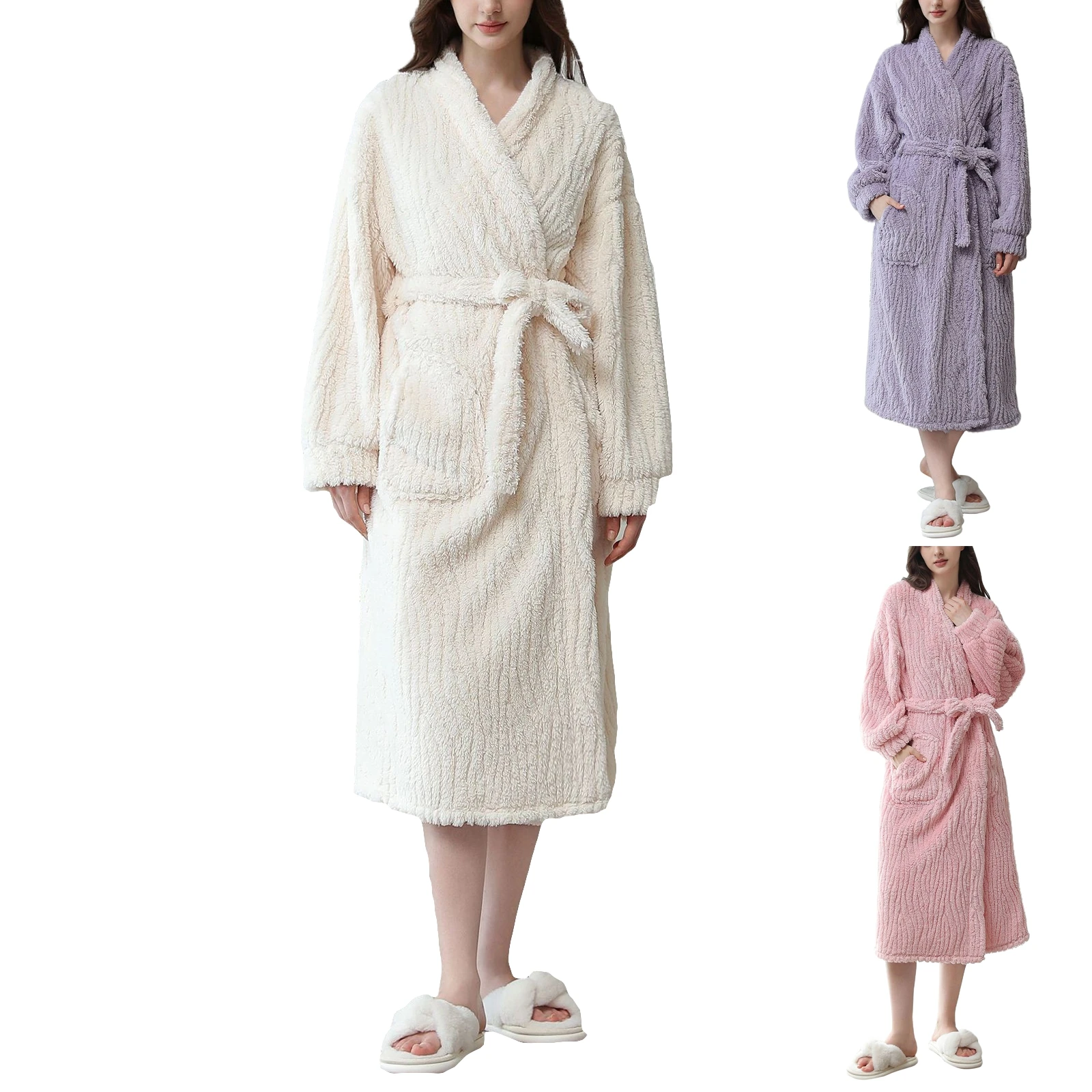 Women'S Robes Winter Flannel Bathrobe Long Sleeve Pockets Ladies Dressing Gown With Sashes Warm Loose Long Kimono For Female