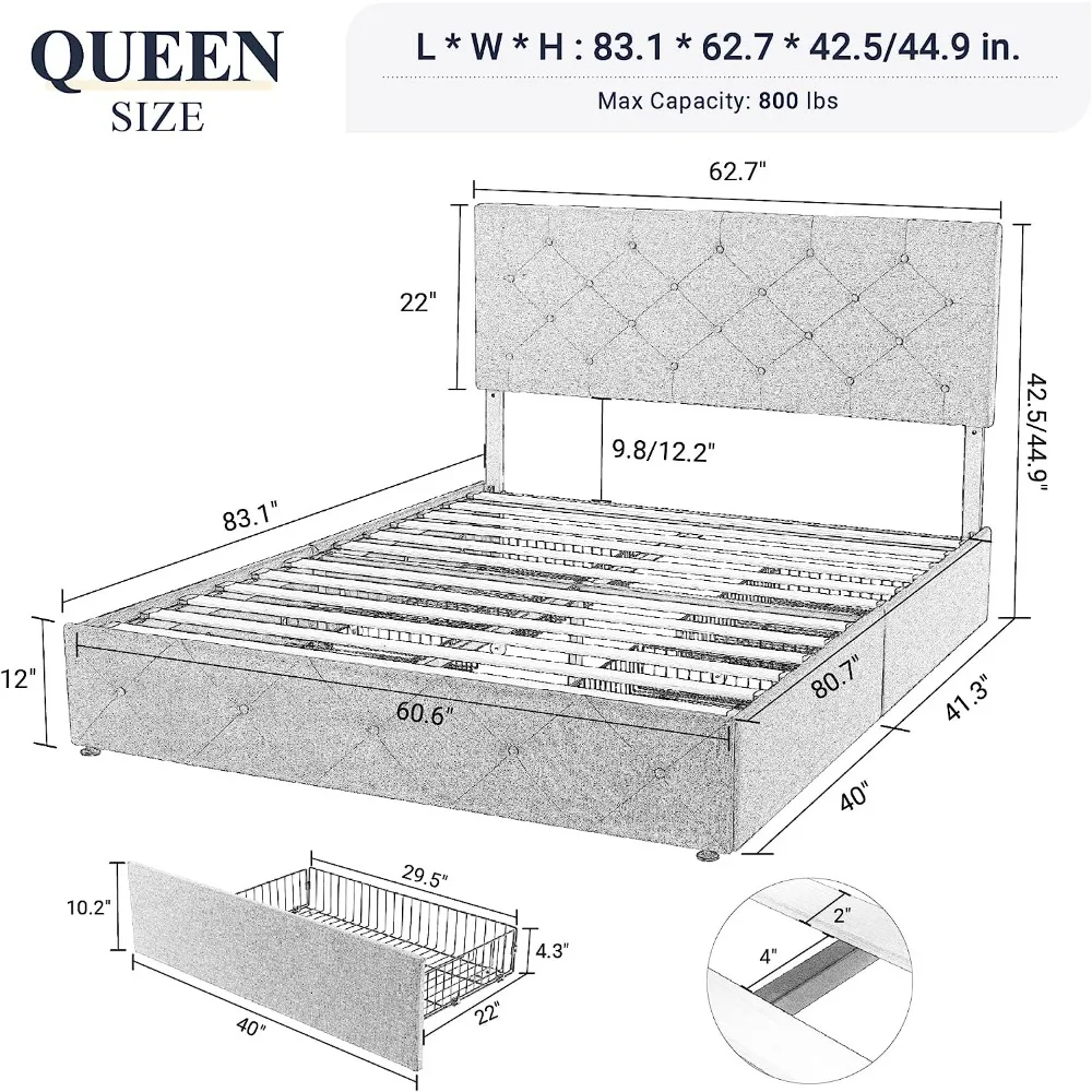 Cadre de lit à plateforme Queen Size avec 4 égouts de proximité de stockage, planche de sauna, bouton cousu en diamant, touffeté, matelas