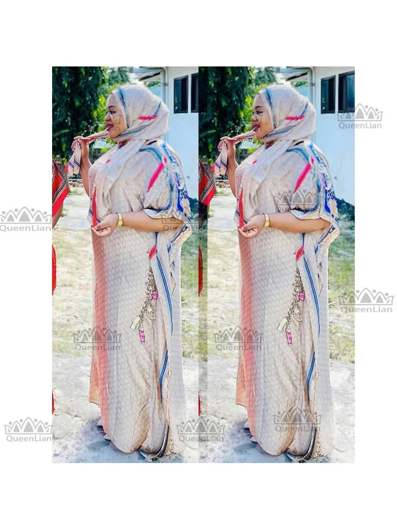 Free Size New Chiffon Super Size African Dashiki Traditional Party Dress with Scaf for Lady