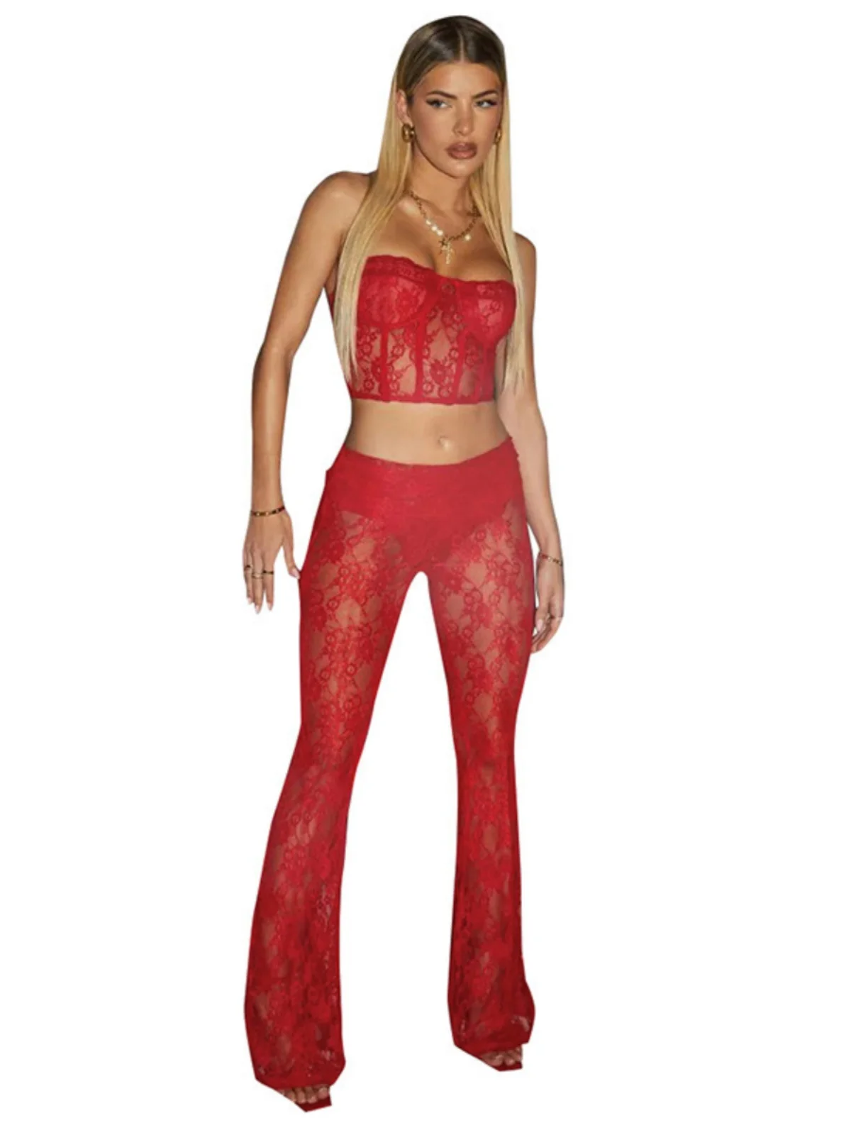 طقم مكون من قطعتين من الدانتيل بخصر مطاطي وسراويل طويلة طقم نسائي صيفي 2024 9%-95% محتوى كوننت