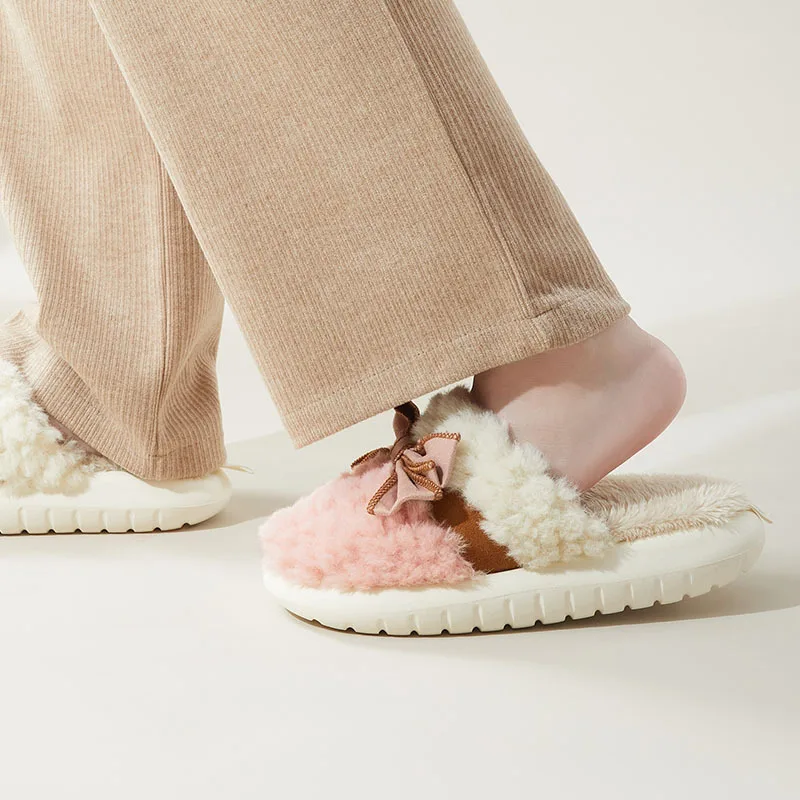 Autumn and Winter New Product Cute Bowknot Couple Style Men and Women Home Tear Pull Cotton Warm Non-slip Slippers Detachable