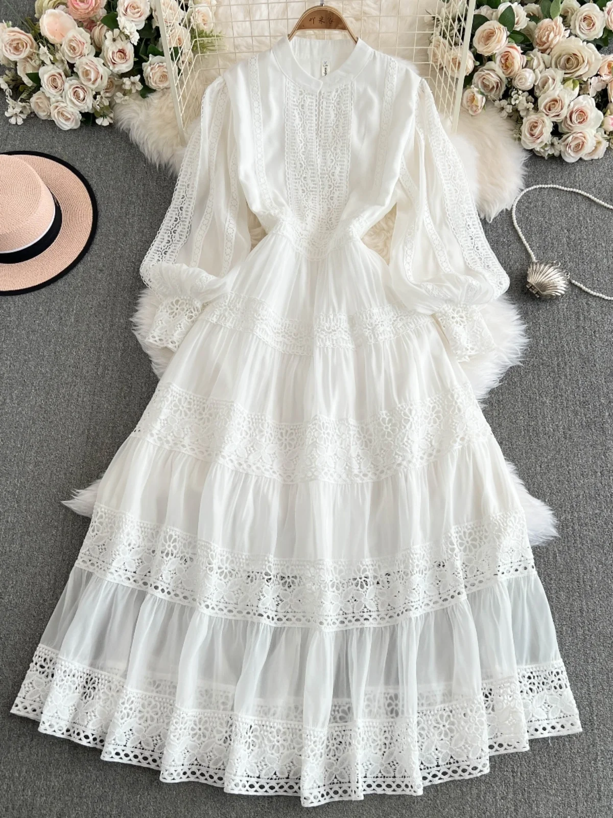 Fashion Summer Autumn Solid White Lace Embroidery Evening Dress Women Long Sleeve Midi Robe Party Wedding Vestidos