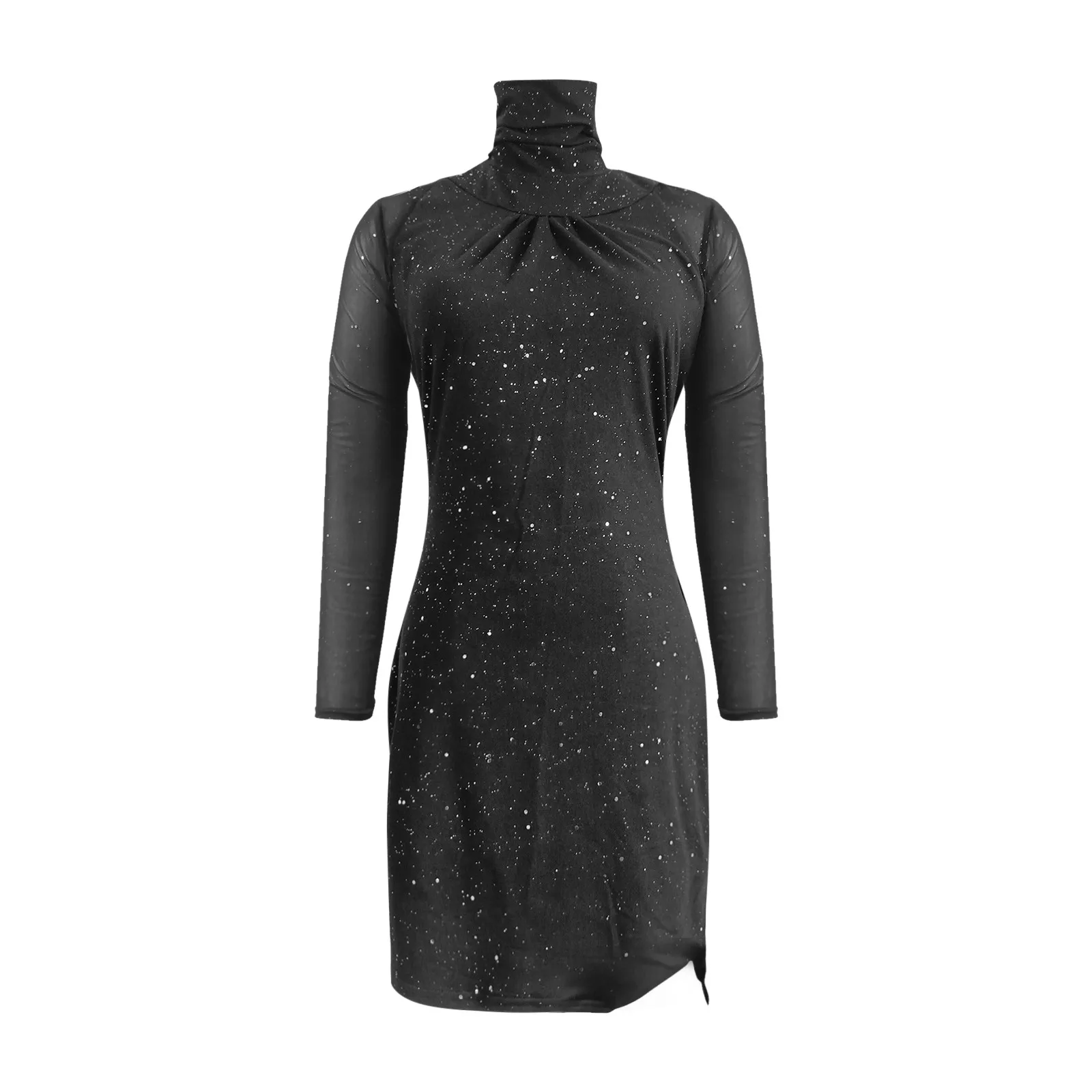 Sexy Mesh Glitter Dress Fashion Colorblock Skinny Mini Dress Long Sleeve Half High Collar Bodycon Party Dress Ladies Short Dress