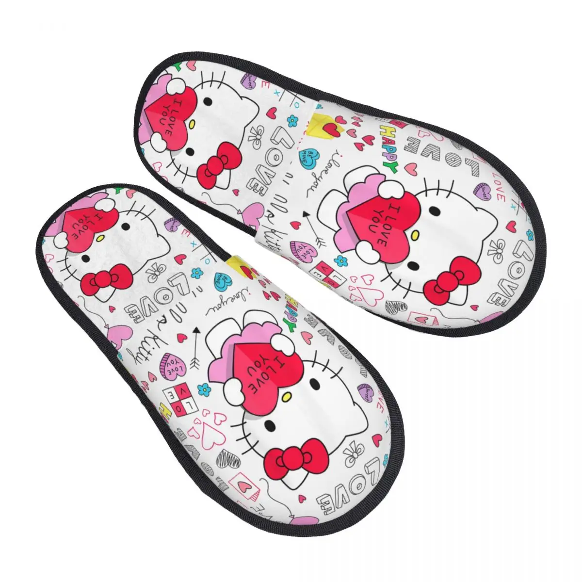 Hello Kitty Love Notes شباشب شتوية لعيد الحب لغرفة المعيشة، شرائح مريحة من إسفنج الذاكرة غير قابلة للانزلاق