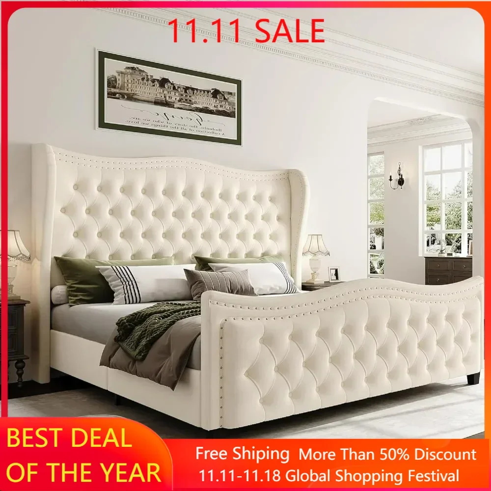 Platform Bed Frame, Headboard Upholstered Bed with Footbaord, Velvet Handmade Pleats Deep Button Tufted Wingback Platform Bed