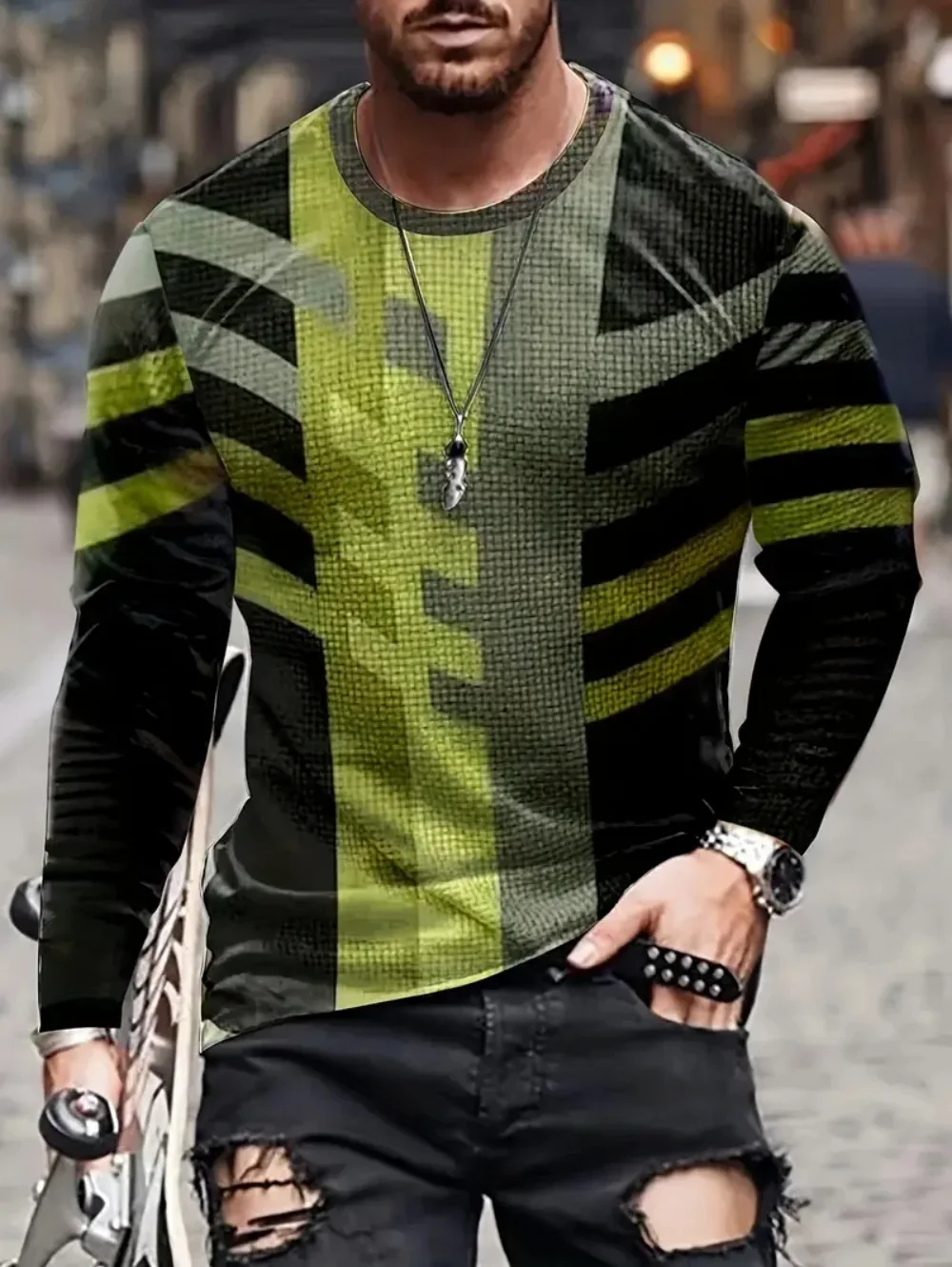 Herren Langarm-T-Shirt aus Polyester mit 3D-Druck, Vintage-Bürstertextur, geometrischem Grafikmuster, Rundhalsausschnitt, lässige Streetwear-Oberteile – Detail 6