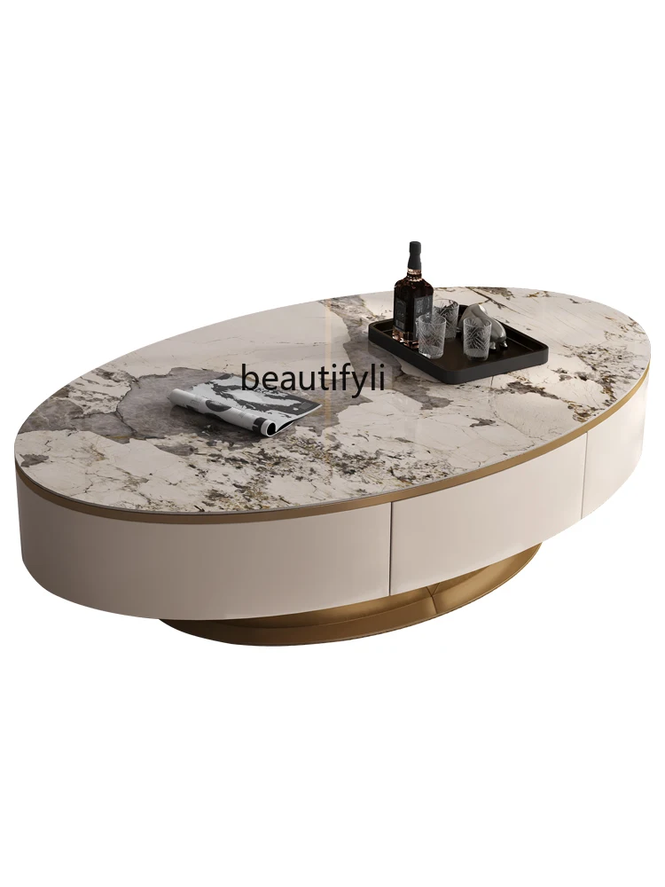 

Italian light luxury coffee table TV, oval living room home high-end sense rock slab size apartment modern and simple