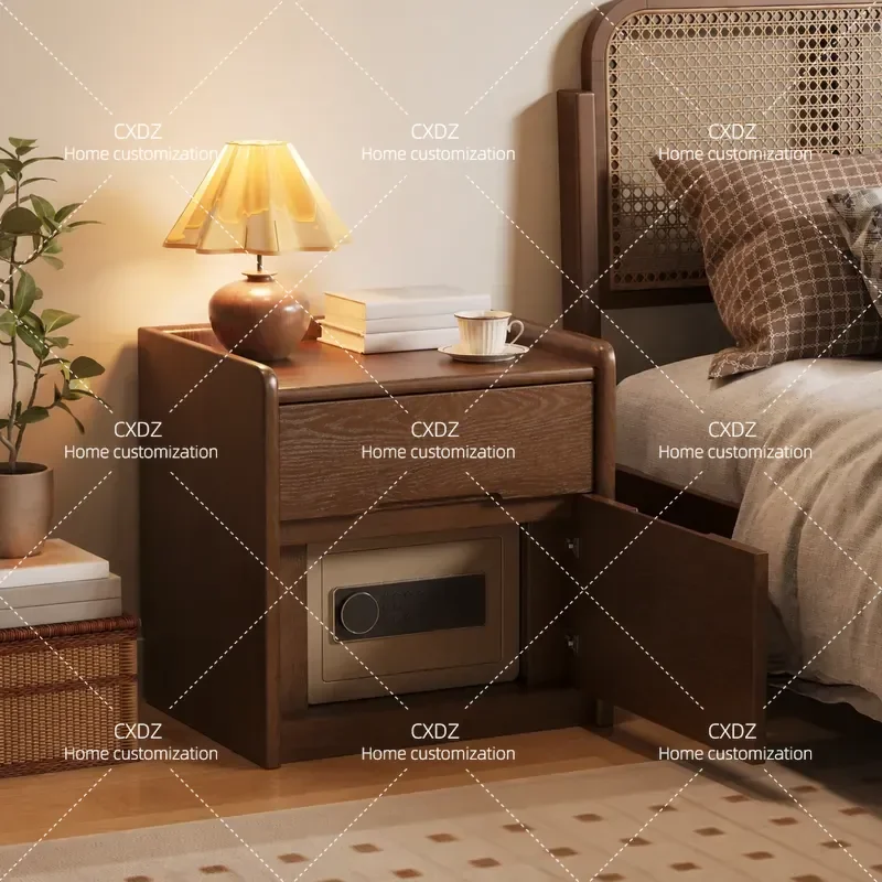 Solid Wood Bedside Table with Fingerprint and Password Lock Safe Integrated Multi Function Simple Nightstand for Bedroom