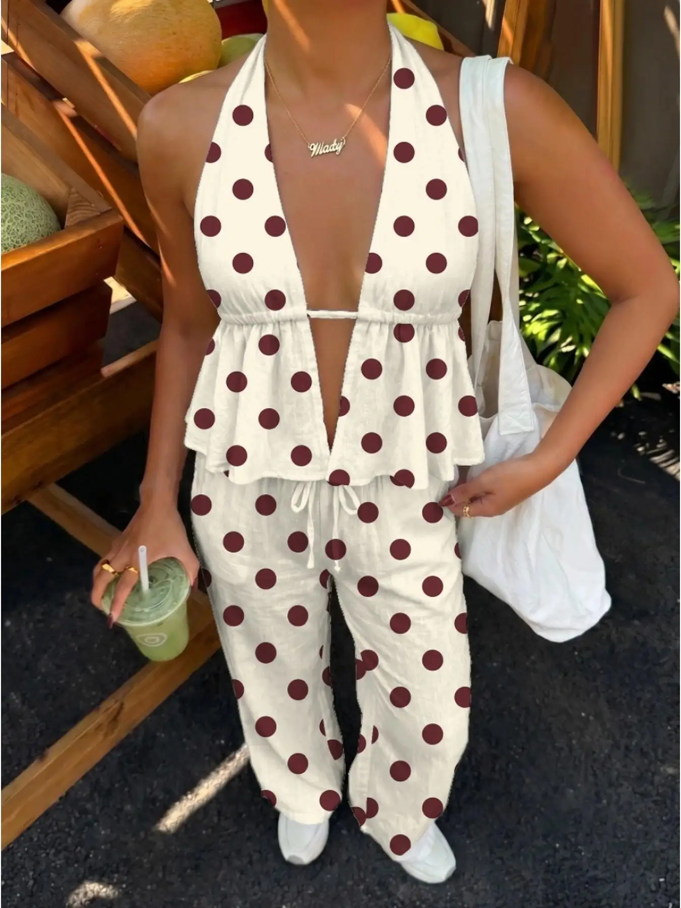 Vintage Large Dot Halter Top with Frill & Drawstring Wide Leg Pants Set Y2K Boho Style Open Back Peplum Ruffle Hem Elastic High view 4