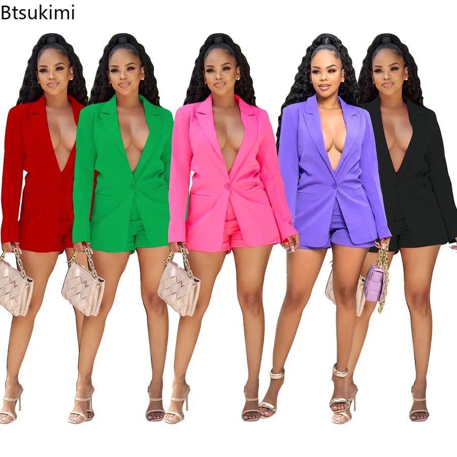 2024 Ladies Summer Office Suits Sets Outfits with Long Sleeve Spring Solid Blazer Shorts Slim Elegant Business Suit Sets 2PCS